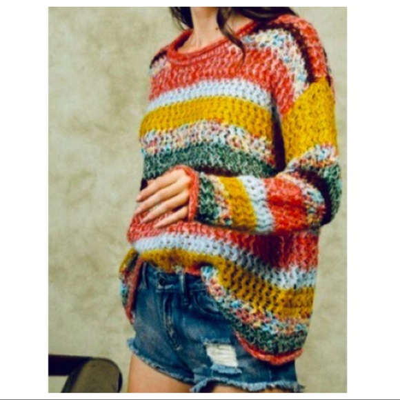 MULTI COLOR BLOCK STRIPED BOHO CHIC SWEATER - Picture 3 of 8